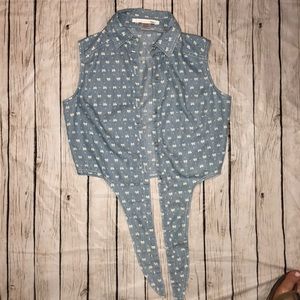 Cropped front-tie chambray shirt